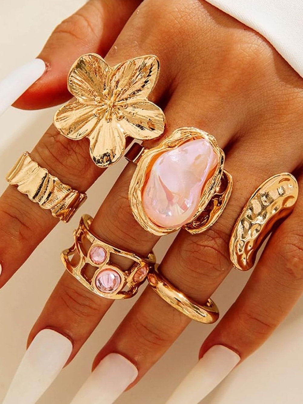 New Anthropologie Gold-Tone Mixed Ring Set with Pink Iridescent Stone
